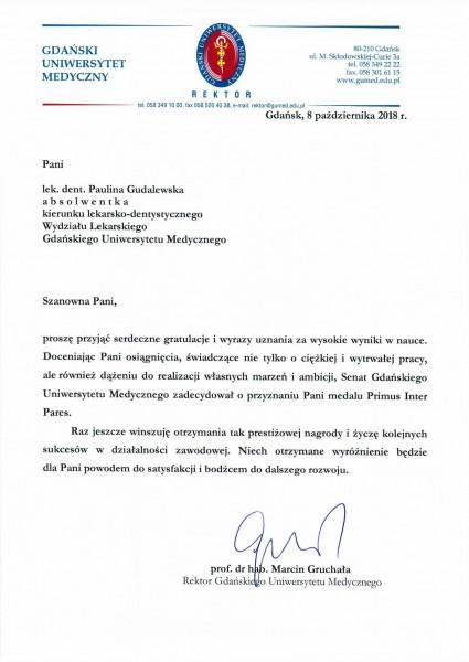 gratulacje od rektora gdańskiego uniwersytetu medycznego wysokich osiągnięć w nauce Paulina Gudalewska