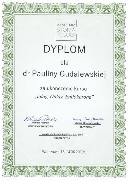 dyplom dla Pauliny Gudalewskiej za ukończenie kursu Inlay, Onlay, Endkorona