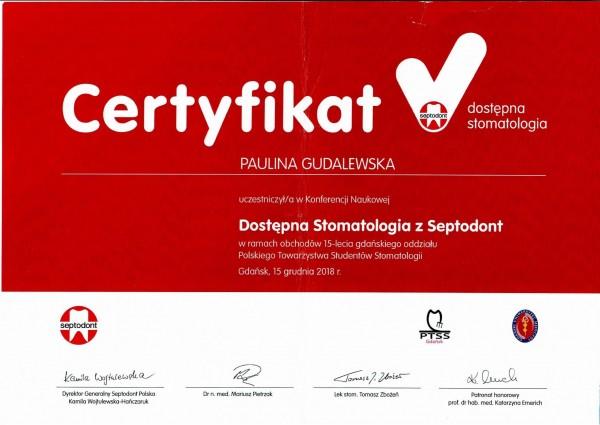 dostępna stomatologia z septodont certyfikat Pauliny Gudalewskiej