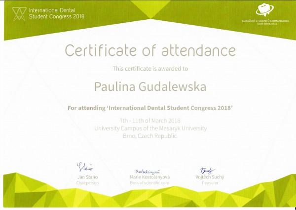 certyfikat Pauliny Gudalewskiej International Dental Student Congress 2018