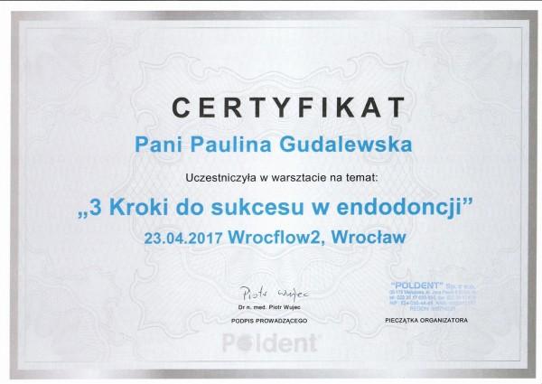 certyfikat uczestnictwa w kursie 3 kroki do sukcesu w endodoncji - dla Pauliny Gudalewskiej