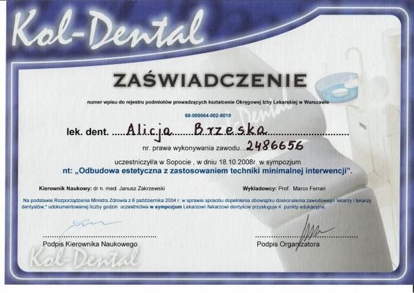 Zaświadczenie Kol-Dental dla Alicji Brzeskiej