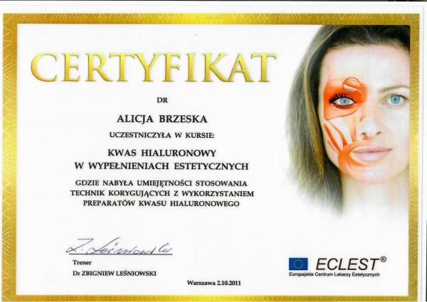 certyfikat uczestnictwa w kursie Kwas hialuronowy w wypełnieniach estetycznych Alicja Brzeska