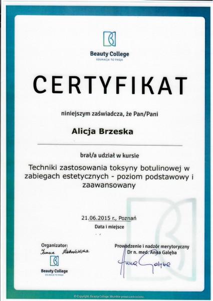 certyfikat Beauty College dla Alicji Brzeskiej